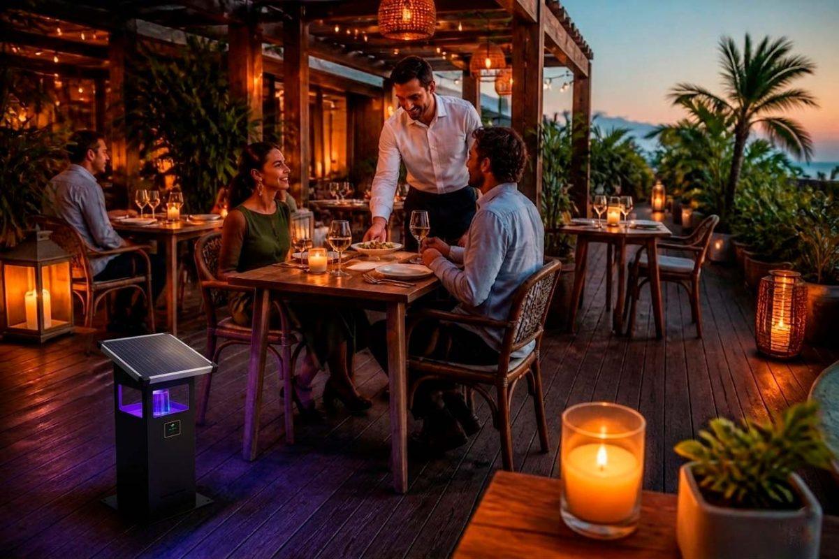 Lámpara atrapamosquitos solar GOKDA instalada en la terraza de un restaurante de lujo al atardecer.