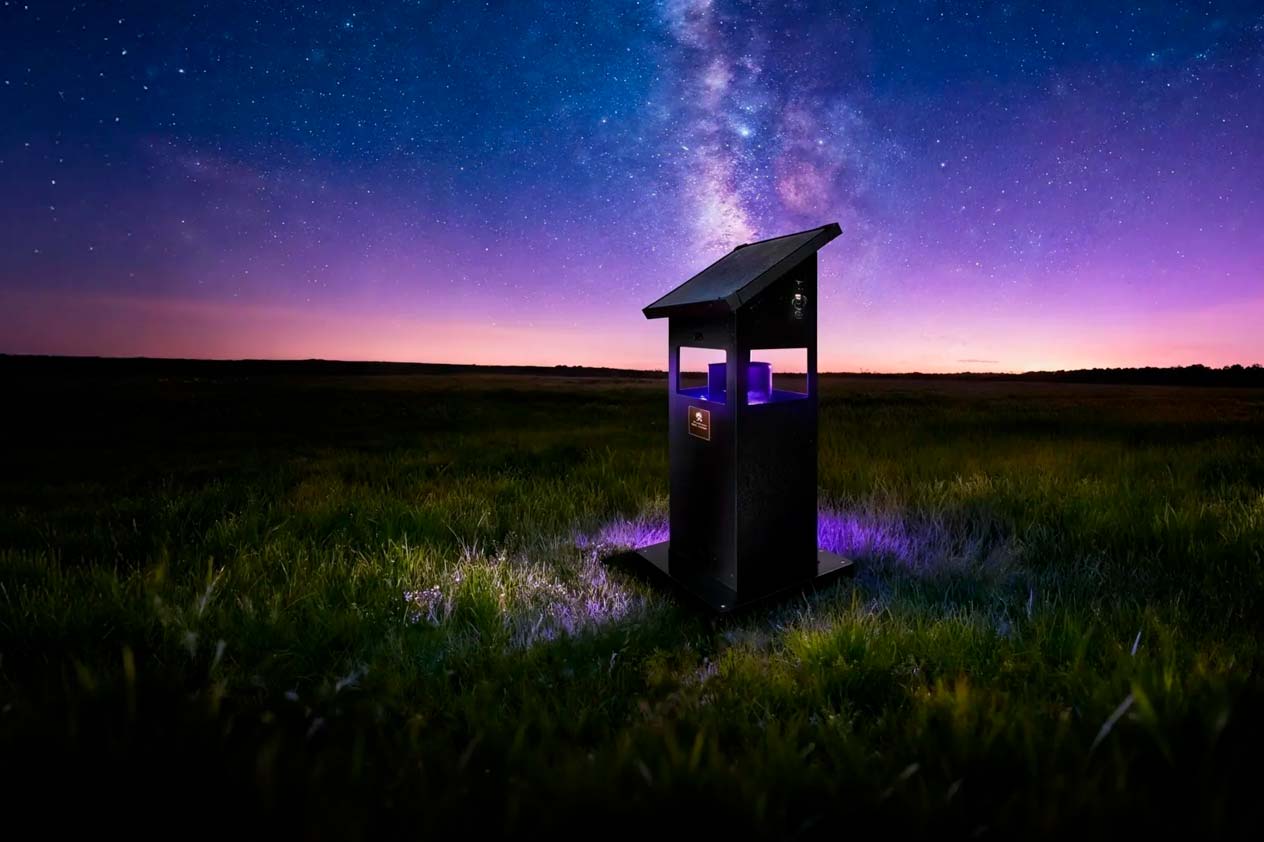 Lámpara solar atrapamosquitos GOKDA X4 funcionando en un campo abierto bajo un cielo estrellado y la Vía Láctea.