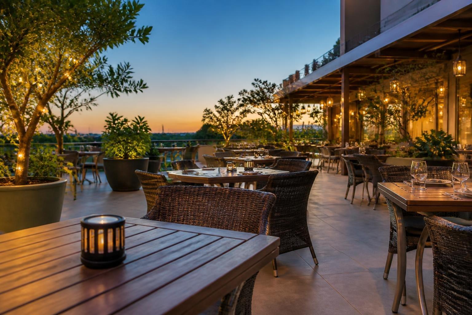 Terraza de restaurante al aire libre con mesas, plantas y una vela antimosquitos sobre una mesa.