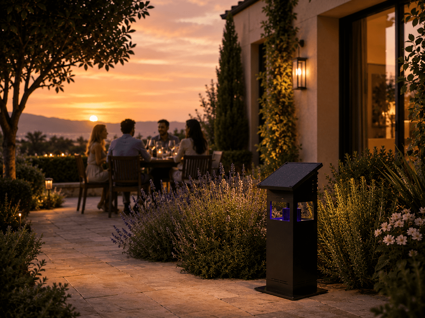 Lámpara antimosquitos instalada en una terraza exterior