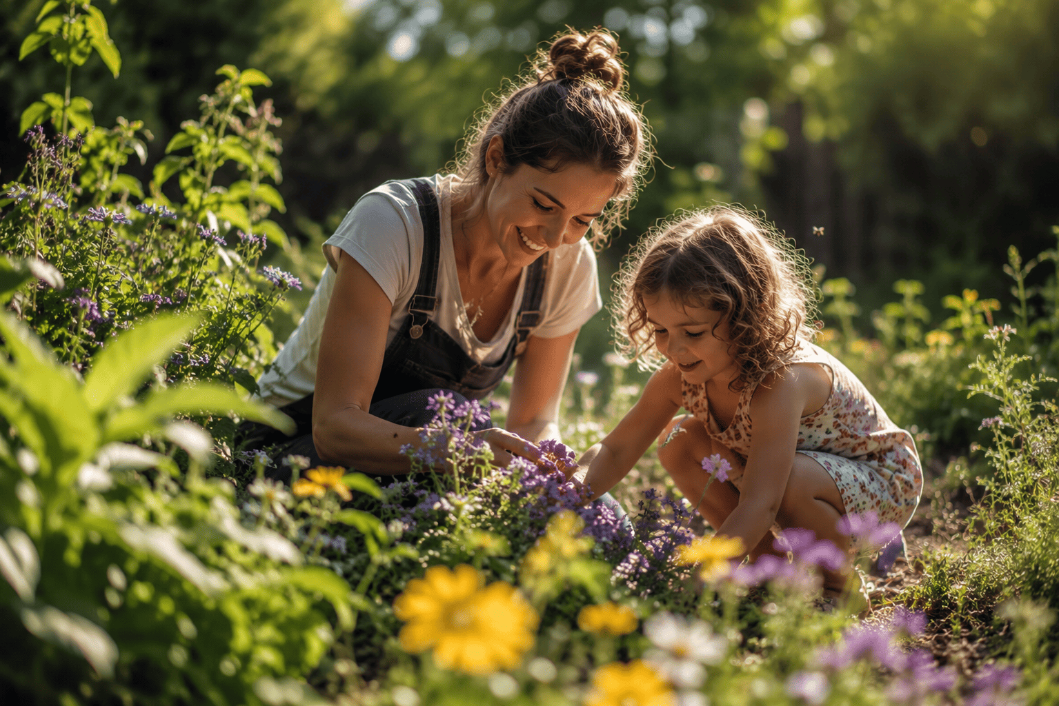 Abejas polinizando flores en un jardín sostenible con control ecológico de plagas