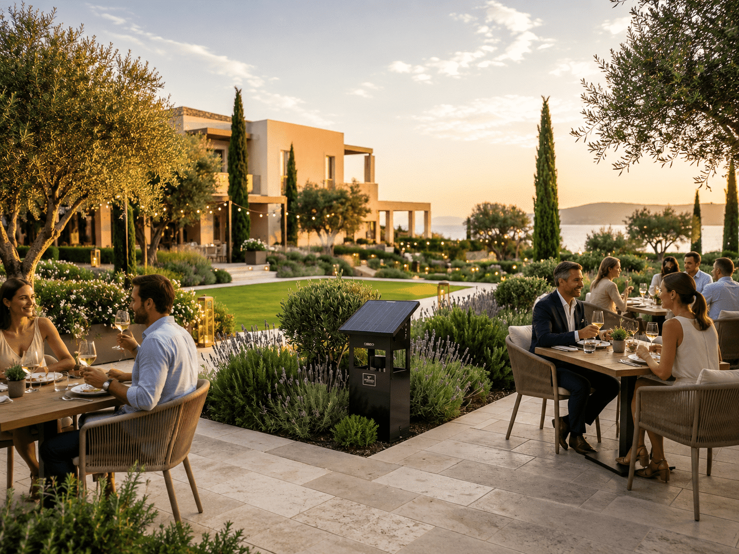 Sistema profesional de control de mosquitos en terraza de restaurante