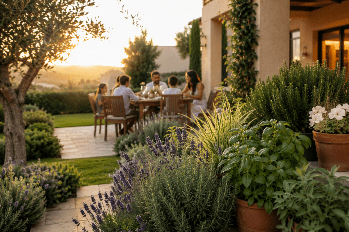 Plantas antimosquitos en una terraza exterior con citronela, lavanda y romero