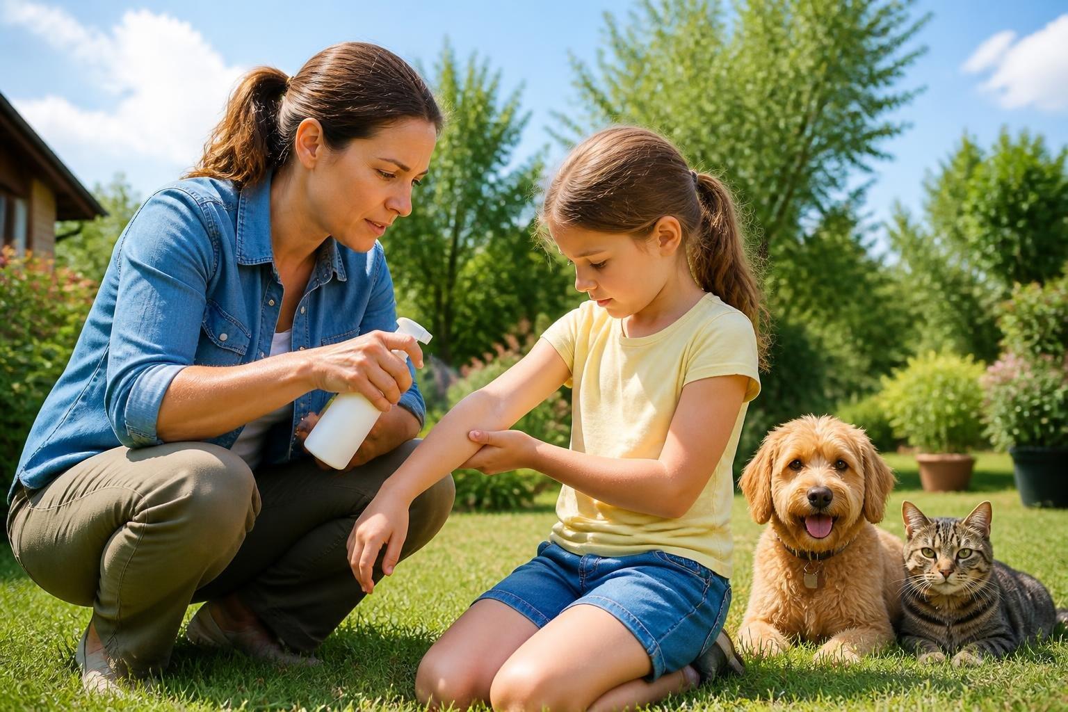 Un padre aplicando repelente de insectos a un niño mientras un perro y un gato están sentados cerca en un jardín.