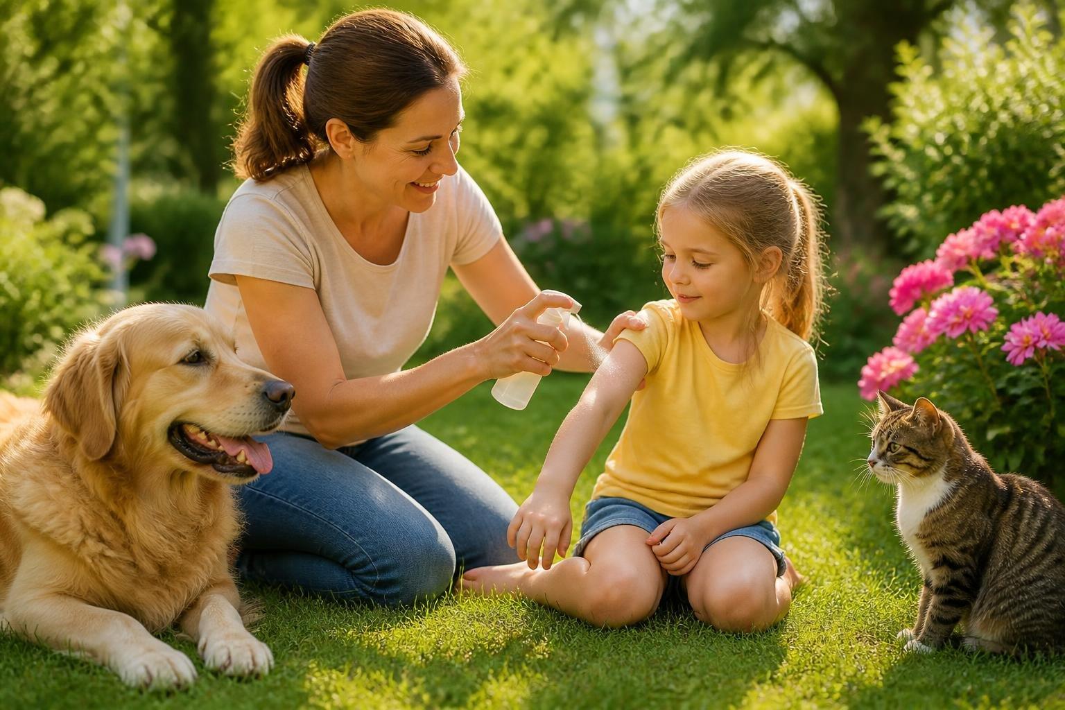 Un adulto aplicando repelente a un niño pequeño al aire libre, con un perro y un gato tranquilos cerca.