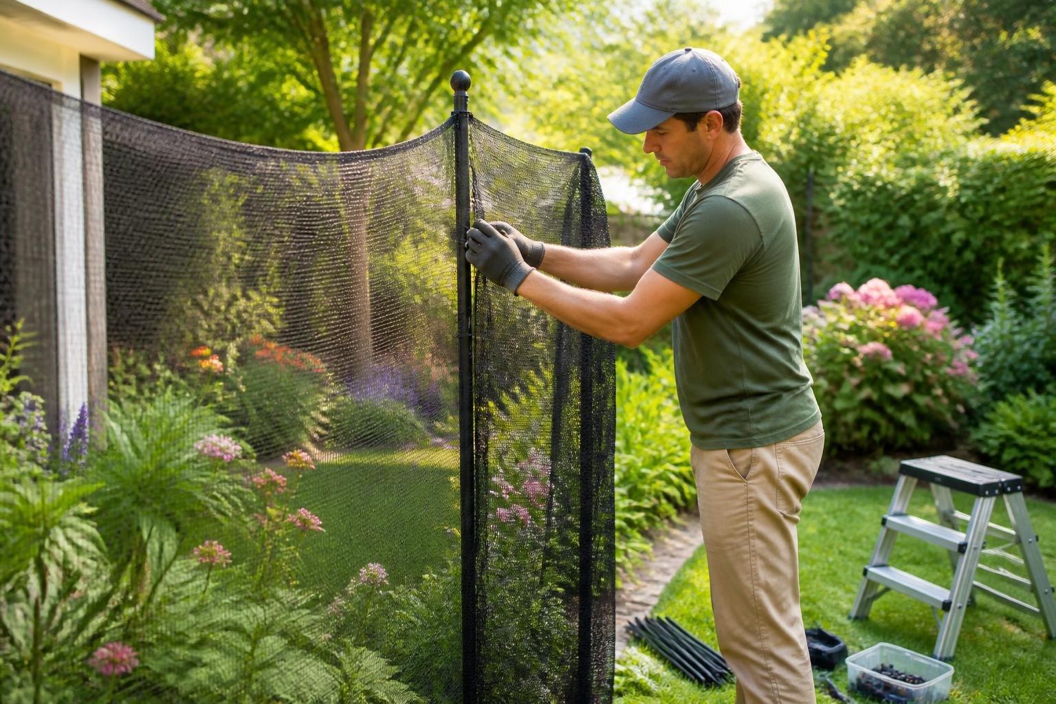 Persona instalando una malla protectora contra mosquitos alrededor de un jardín soleado y bien cuidado.