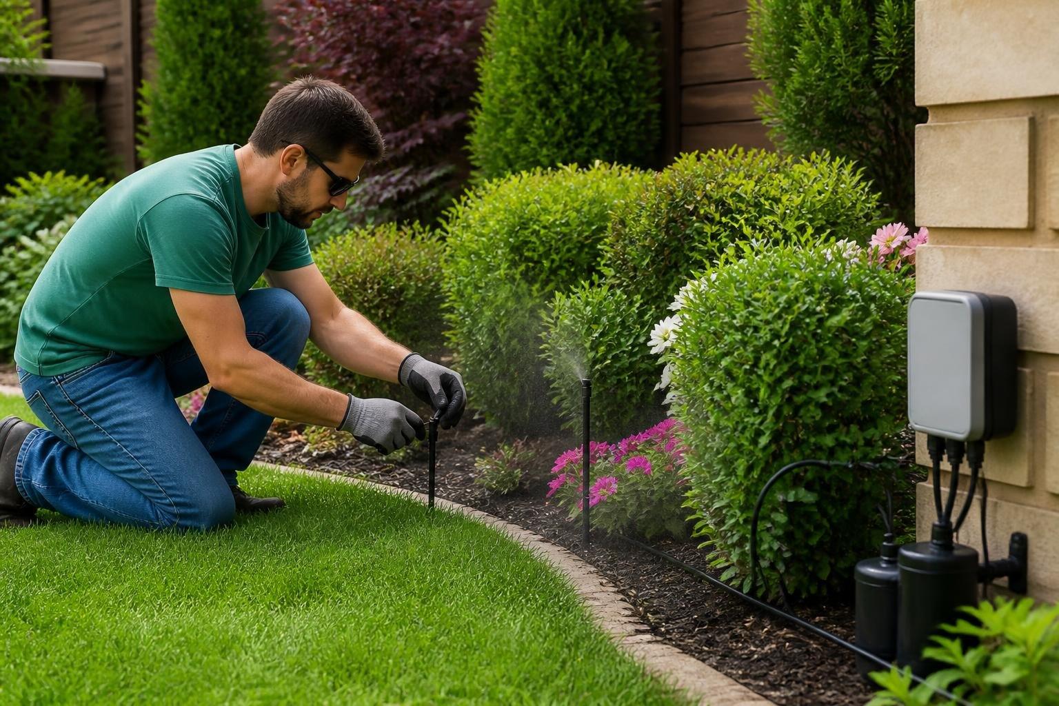 Persona instalando un sistema de nebulización para mosquitos en el perímetro de un jardín con césped y plantas.