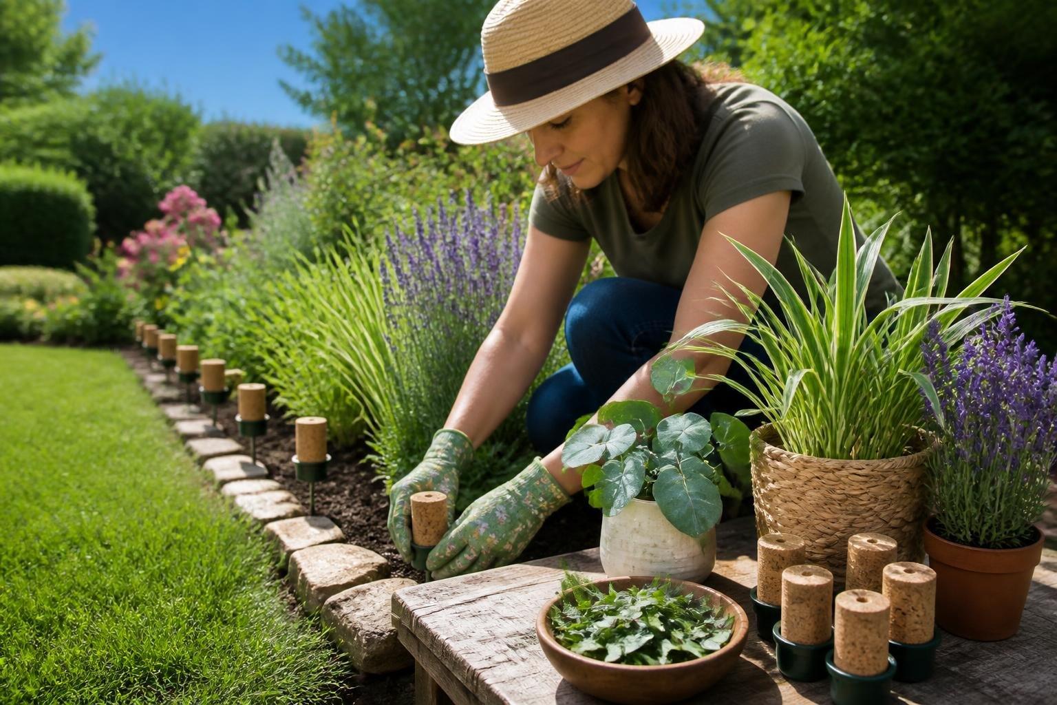 Persona instalando dispositivos naturales para repeler mosquitos alrededor de un jardín verde y soleado.