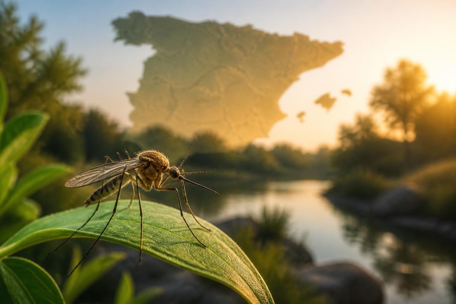 Un primer plano de un mosquito posado sobre una hoja verde con un mapa difuminado de España al fondo.