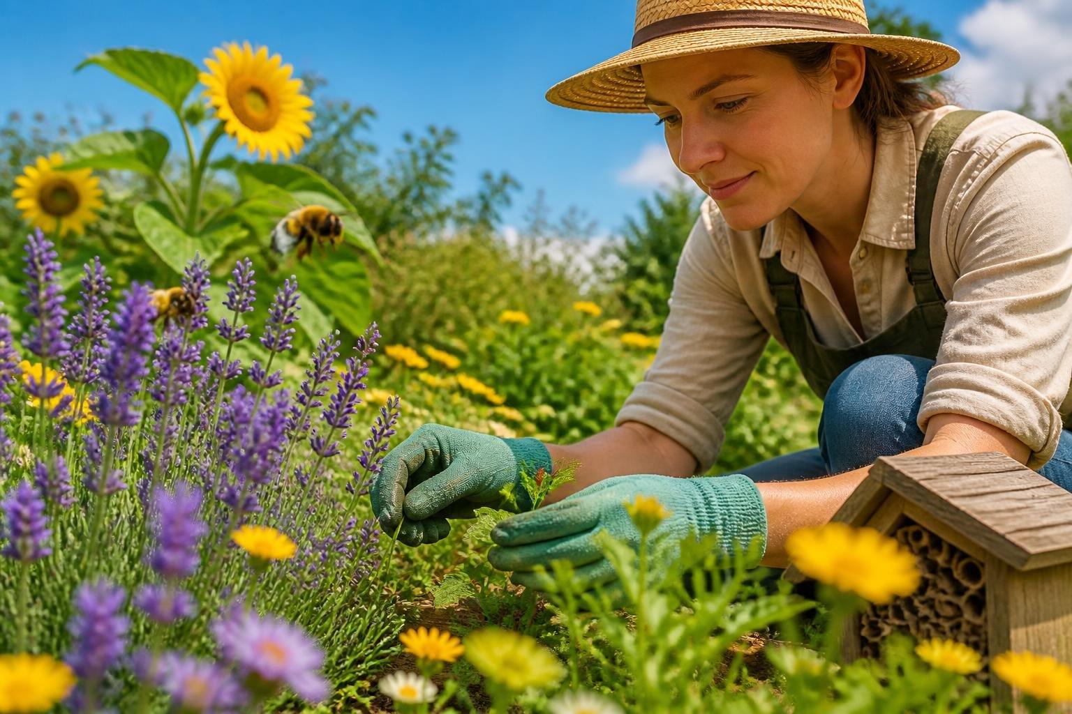 Jardin con flores y abejas polinizando mientras un jardinero utiliza métodos naturales para controlar plagas.