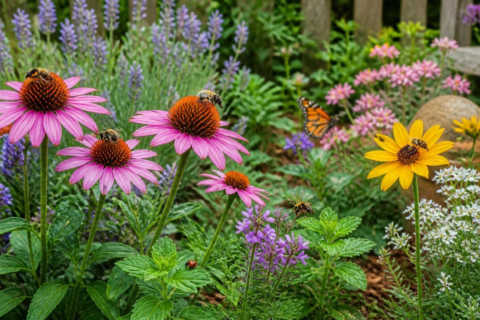 Jardín con flores y abejas polinizando, mostrando insectos beneficiosos en un entorno natural.