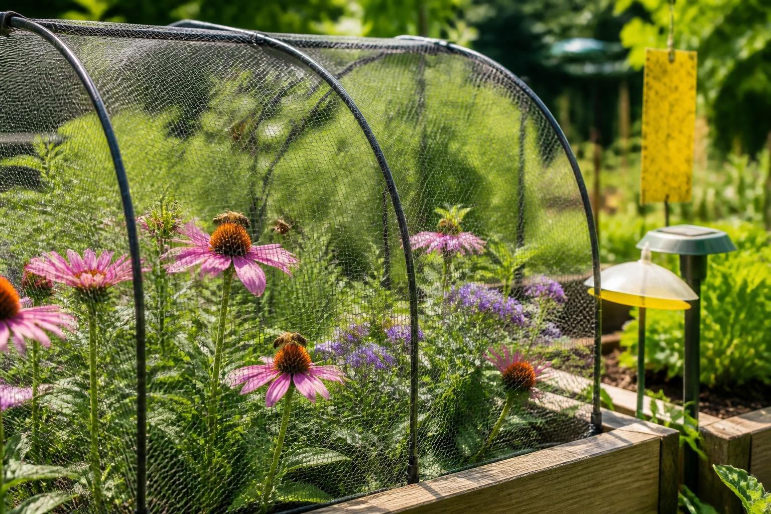 Jardín con flores y plantas protegidas por barreras físicas, con abejas polinizando las flores.