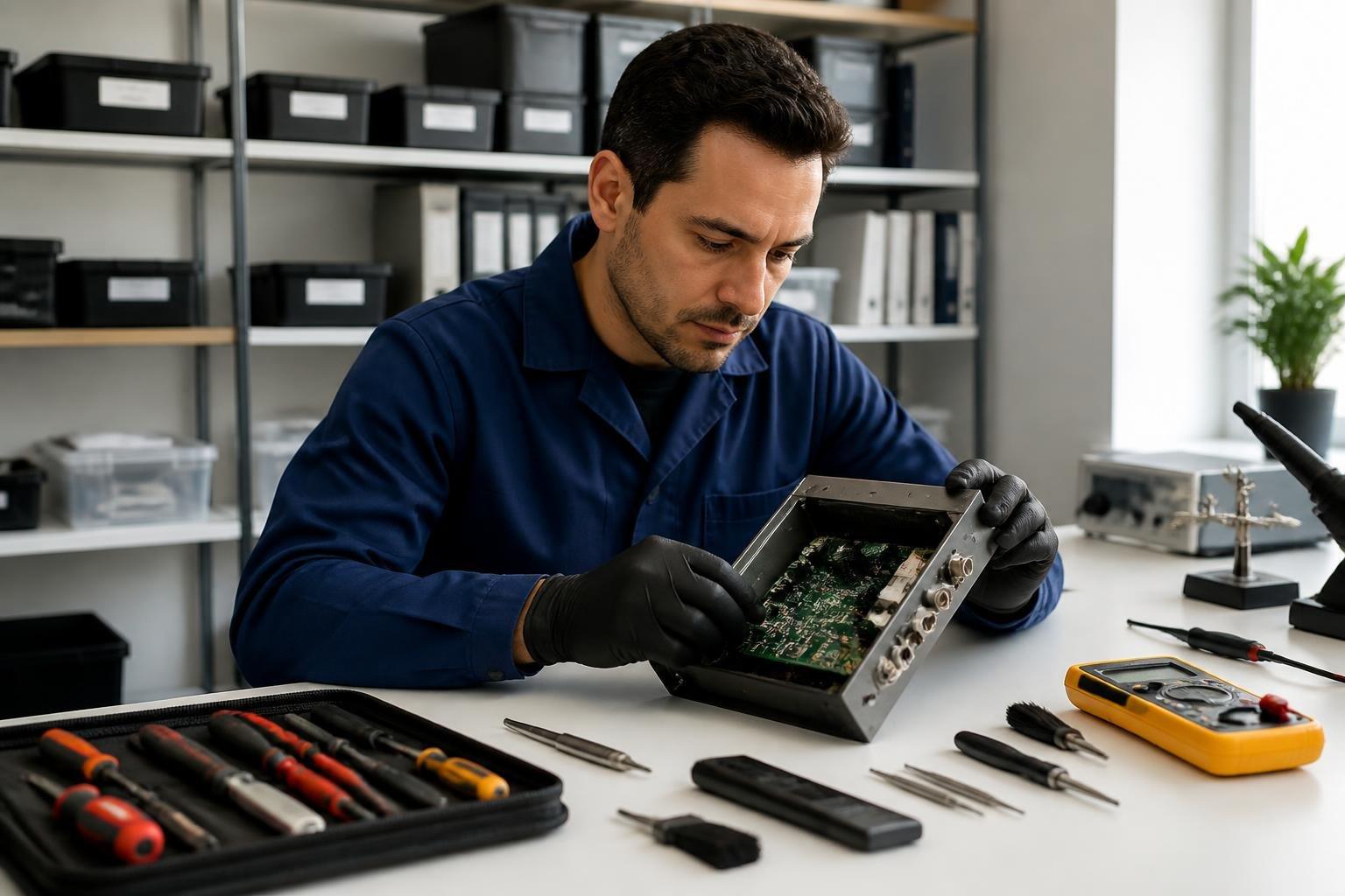 Técnico inspeccionando un dispositivo electrónico de captura en un taller ordenado con herramientas y manuales.