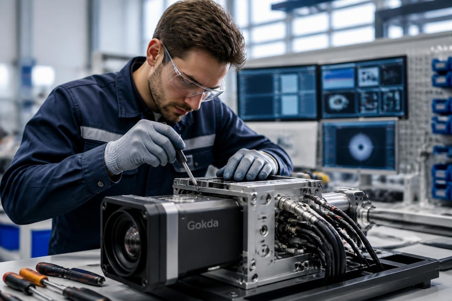 Técnico trabajando en el mantenimiento de un sistema de captura en un entorno industrial moderno.