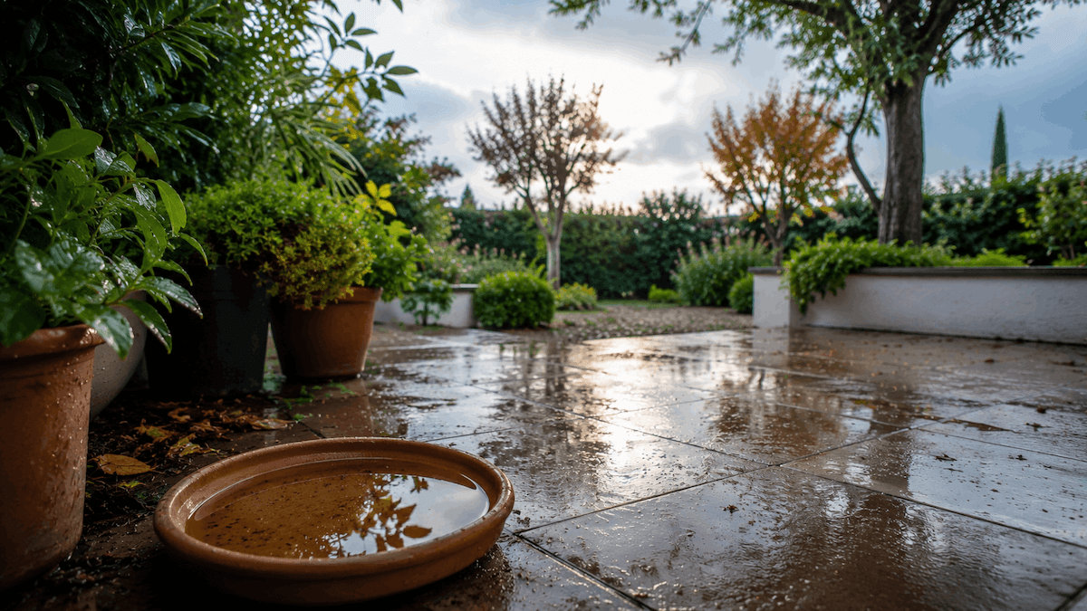 Agua acumulada en un jardín después de la lluvia