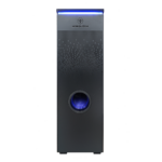 Vista frontal de MOSQUITOR ONE con logotipo, rejilla de ventilación perforada, abertura circular e iluminación azul superior.