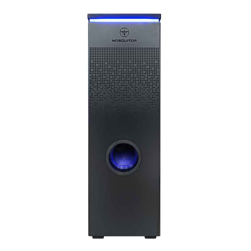 Vista frontal de MOSQUITOR ONE con logotipo, rejilla de ventilación perforada, abertura circular e iluminación azul superior.