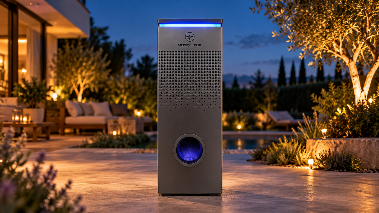 MOSQUITOR ONE, trampa antimosquitos de exterior instalada en una terraza ajardinada, con iluminación azul y sistema de captura por succión.